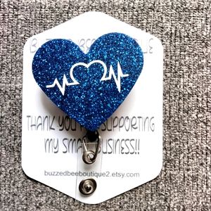 Blue heart retractable name badge reel ID holder nurse accessories